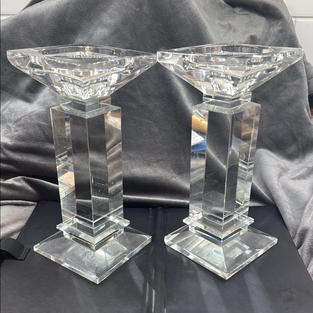 Vintage Heavy Crystal Column Candlesticks Pair 8.75” Dual Pillar & Taper Holders